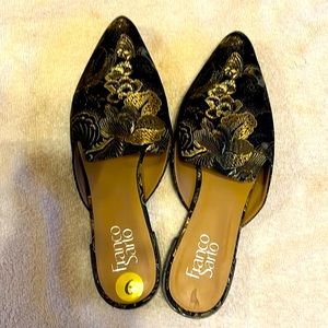 Franco Sarto gold and black satin slides